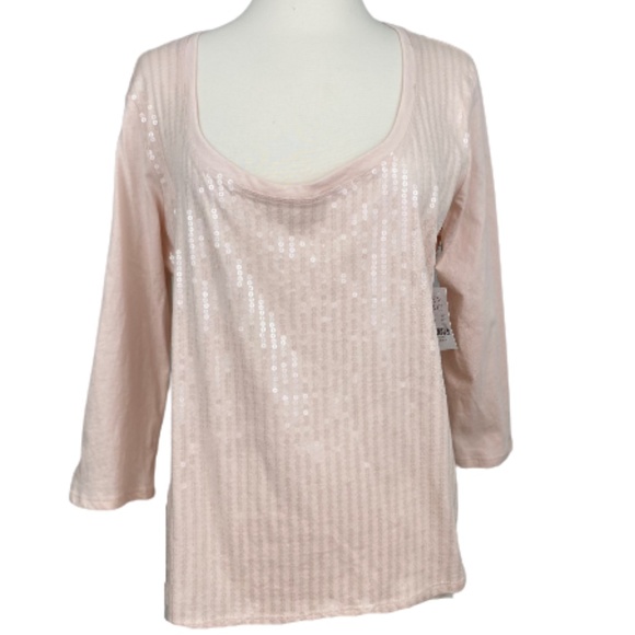 NY & COMPANY Top T-Shirt Sequin 3/4 Sleeves Scoop Neck Pink Large - Picture 1 of 11